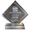 A clear diamond shaped trophy on a white background.