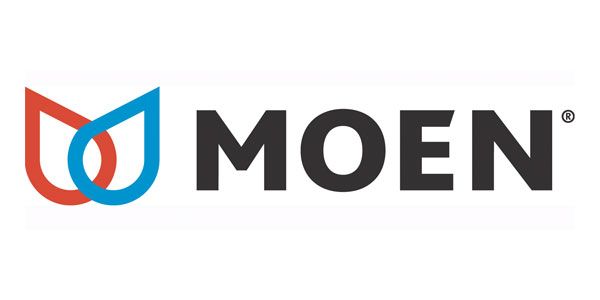A logo for a company called moen with a red and blue logo.