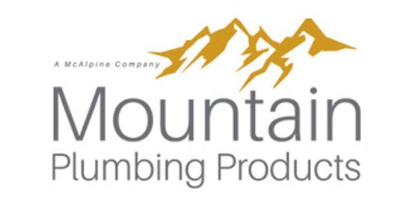 A logo for mountain plumbing products with mountains in the background