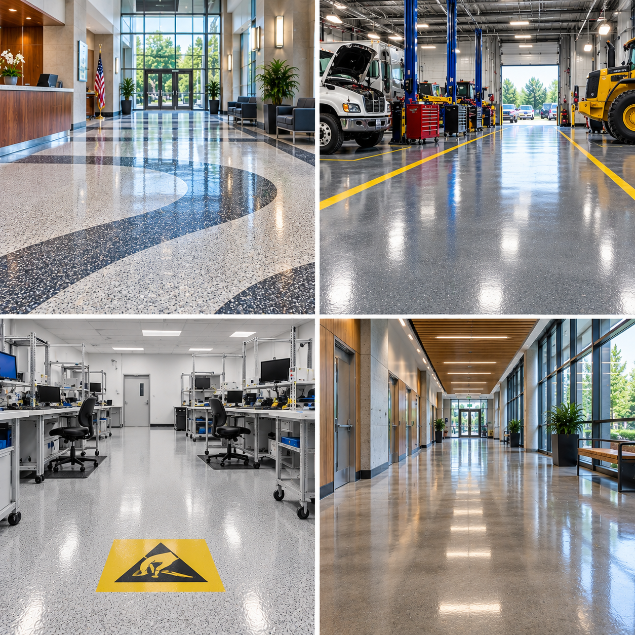 Commercial epoxy flooring installed in an Atlanta warehouse with safety line striping