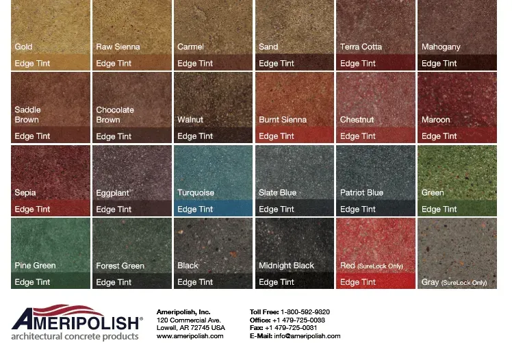 Color swatches of Ameripolish concrete products in various shades, from gold to black, with matching edge tints.