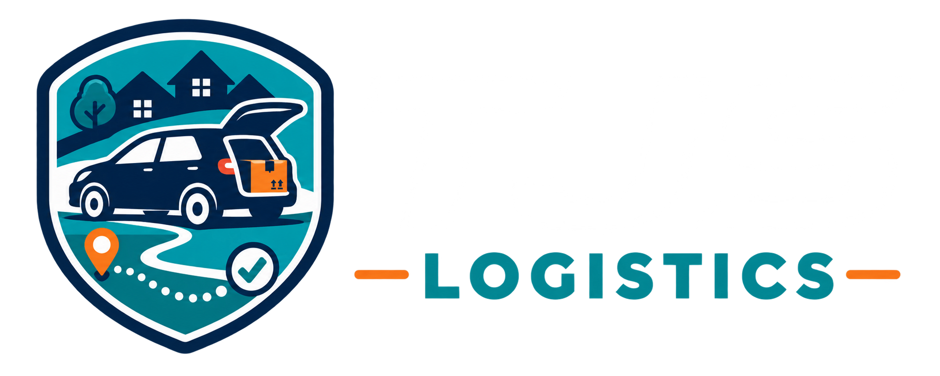 Delivery logistics logo with car, house, location pin, and route line in teal and orange