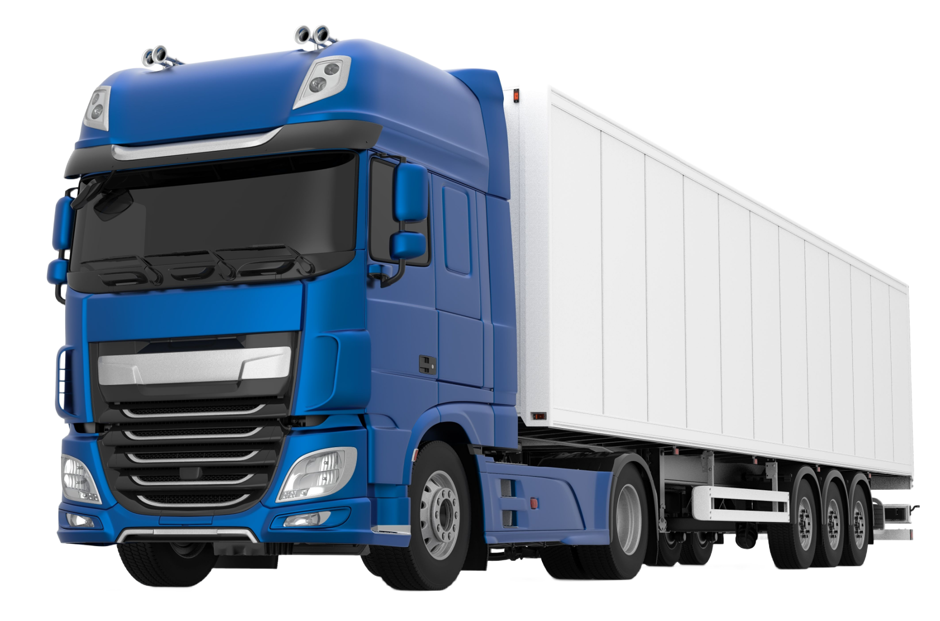 A blue semi truck with a white trailer on a white background.