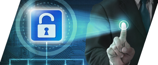 Blue padlock icon and hand pressing a glowing security button on a digital interface