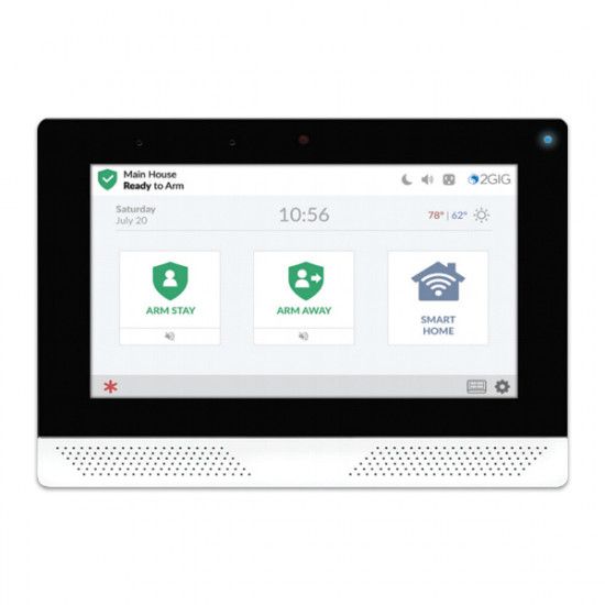 White home security touchscreen panel with three app icons and a 10:56 time display