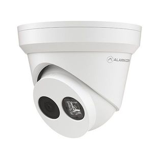 White wall-mounted security camera with dual lenses and a circular housing.