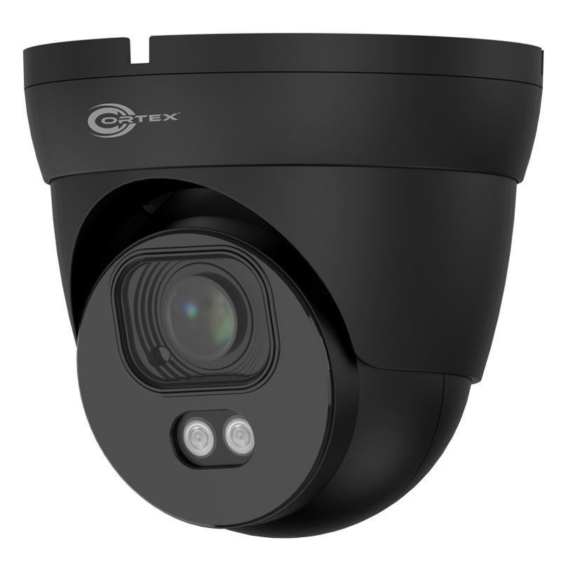 Black dome security camera with lens and two infrared sensors on a white background