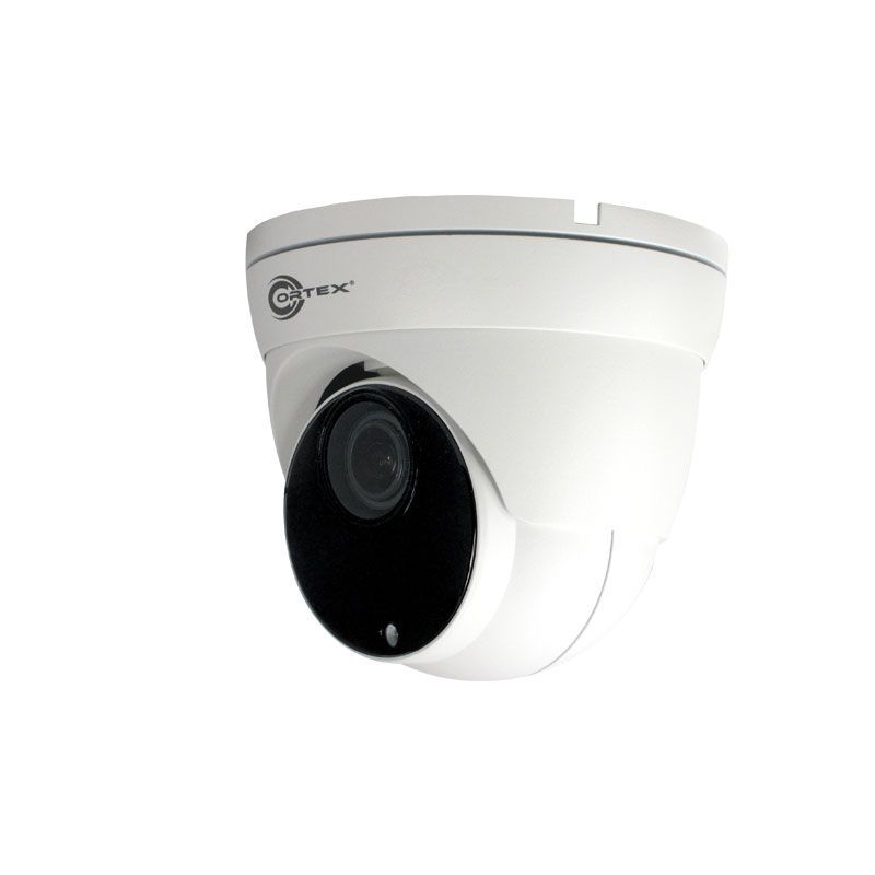 White dome security camera with black lens on a wall mount