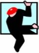 Stylized black figure climbing a black shape, with a red helmet and pink hands and feet on a white background