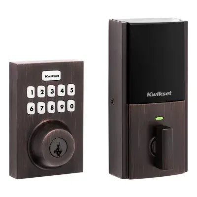 Kwikset electronic deadbolt and keypad lock in dark bronze on white background