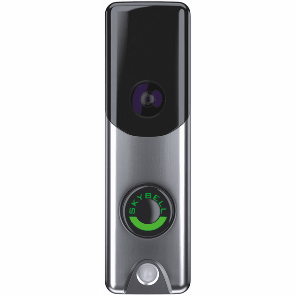 Silver and black video doorbell with camera lens and green illuminated ring button