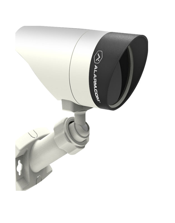 White security camera on a gray mount, angled left with black lens ring and logo