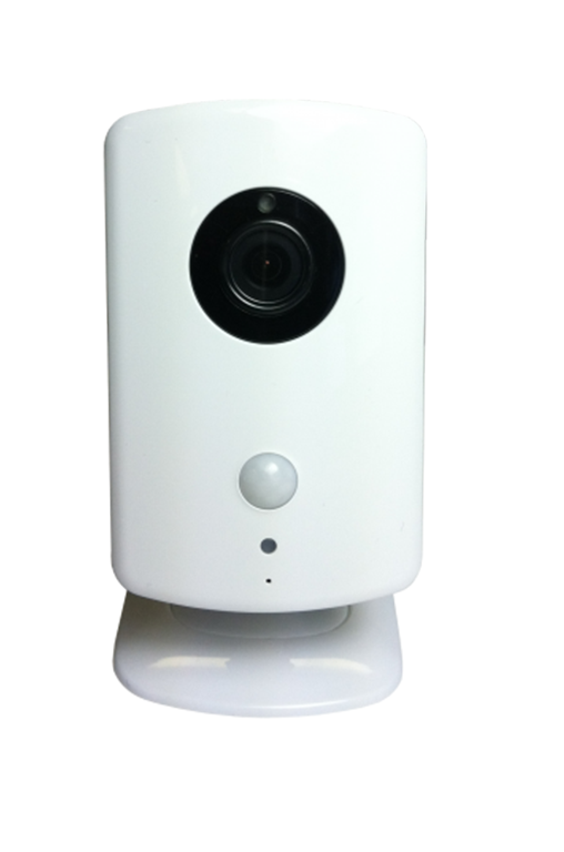 White security camera with black lens on a stand, front view.