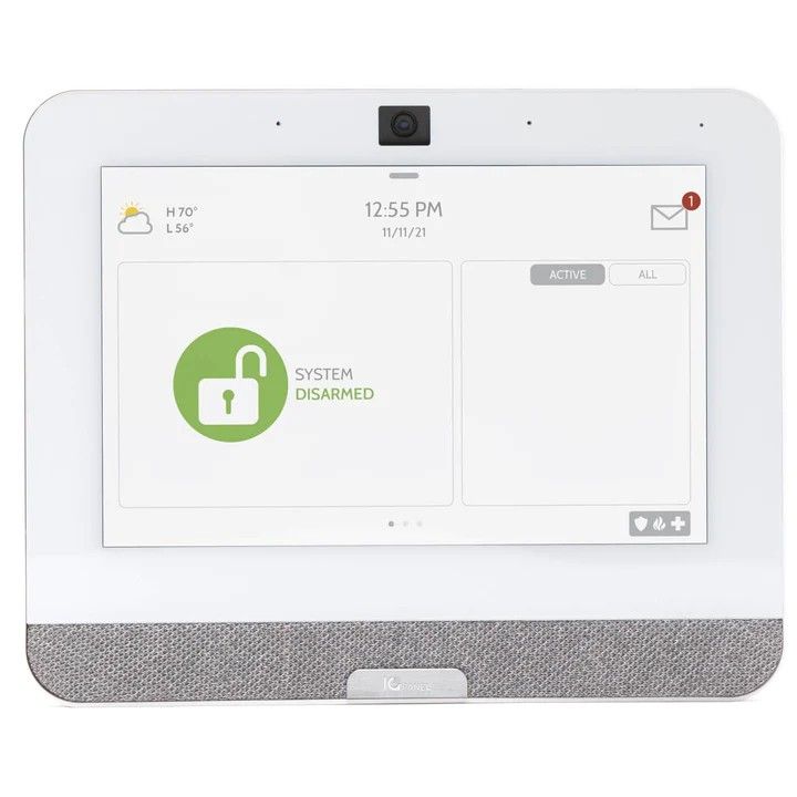 Smart home security touchscreen showing a green unlocked padlock and “system disarmed” status