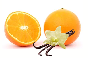 Orange fruit with one half sliced open and a whole orange beside a vanilla flower and pods