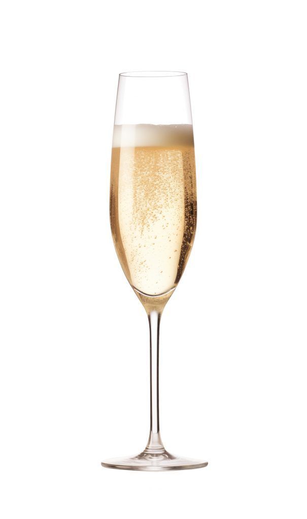 A champagne flute filled with sparkling golden wine