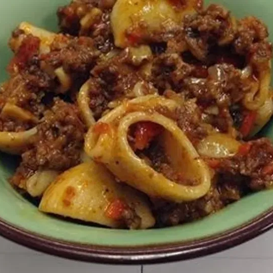Conchigliette (shell pasta) with Pork and Wild Mushroom Red Sauce