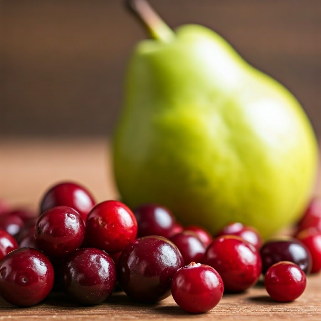 Green pear with red cranberries