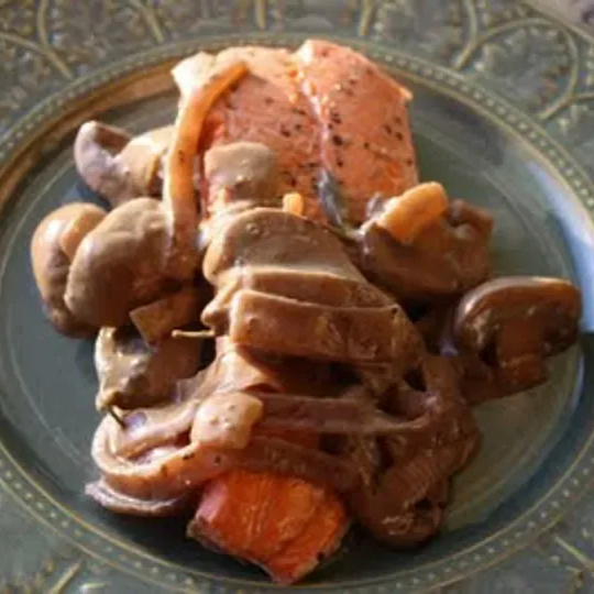 Fresh Salmon with Creamy Balsamic Rosemary Caramelized Onions and Wild Mushroom