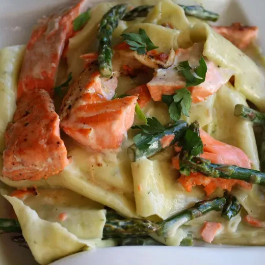 Grilled Salmon and Asparagus with Creamy Dill Pappardelle