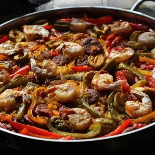 Paella with Shrimp, Chorizo and Spicy Gordal Olives