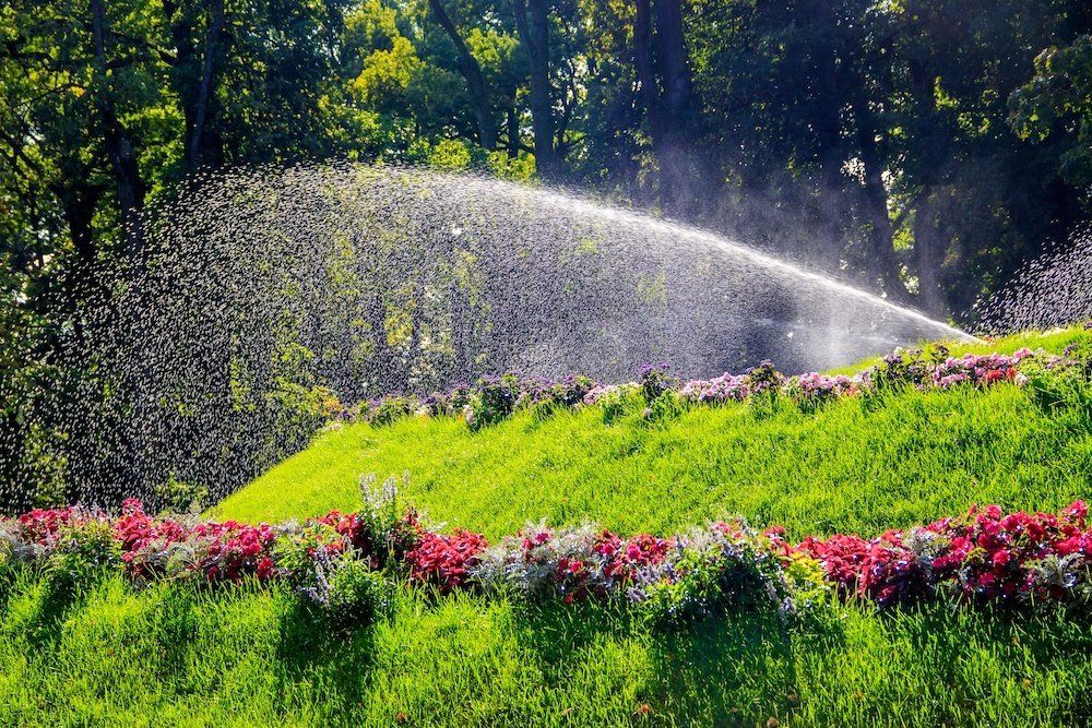 Sprinkler watering vibrant flowers and lush green lawns in a picturesque park.