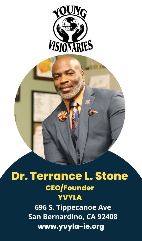 Portrait flyer for Dr. Terrance L. Stone, CEO/founder of YVYLA, with logo and San Bernardino address