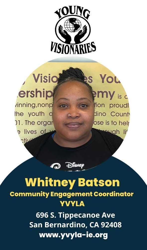 Portrait of Whitney Batson, Community Engagement Coordinator, with Young Visionaries logo and contact details