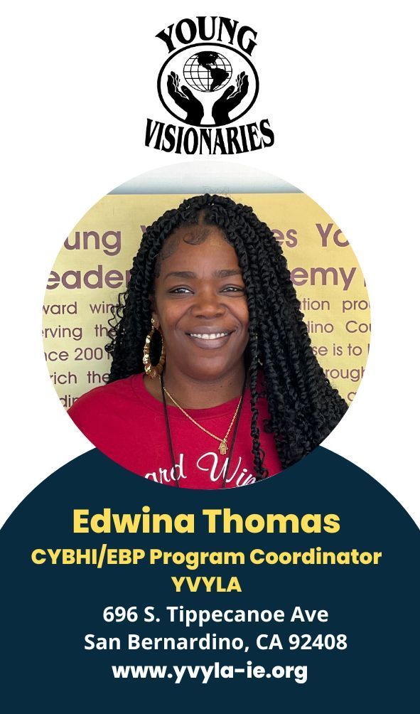 Edwina Thomas headshot for Young Visionaries, with name, title, and contact details on a flyer
