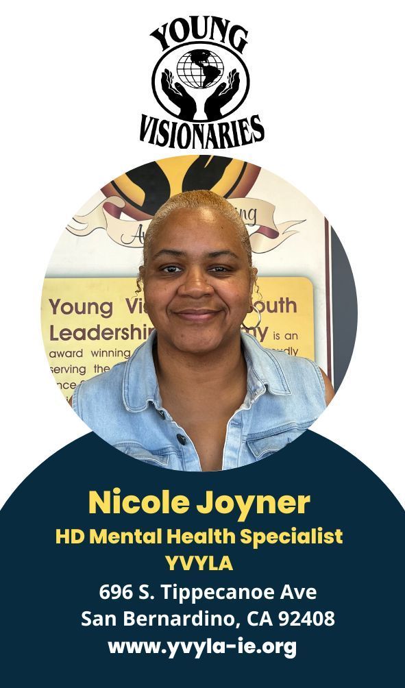Portrait of Nicole Joyner with Young Visionaries logo and contact info on a poster-style background