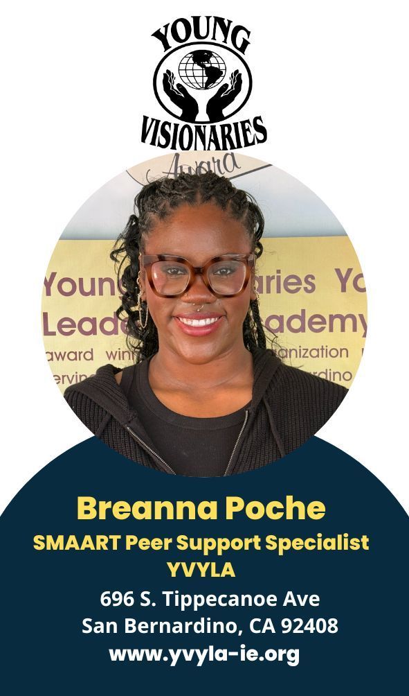 Portrait of Breanna Poche, SMART Peer Support Specialist, with Young Visionaries logo and contact info