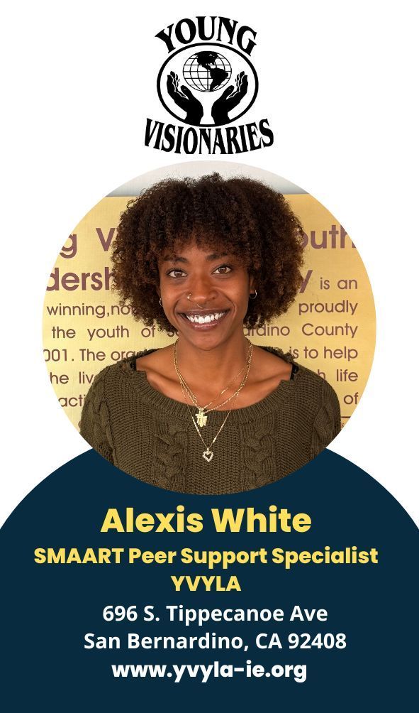 Young Visionaries profile card for Alexis White, SMARRT Peer Support Specialist, with portrait and contact info