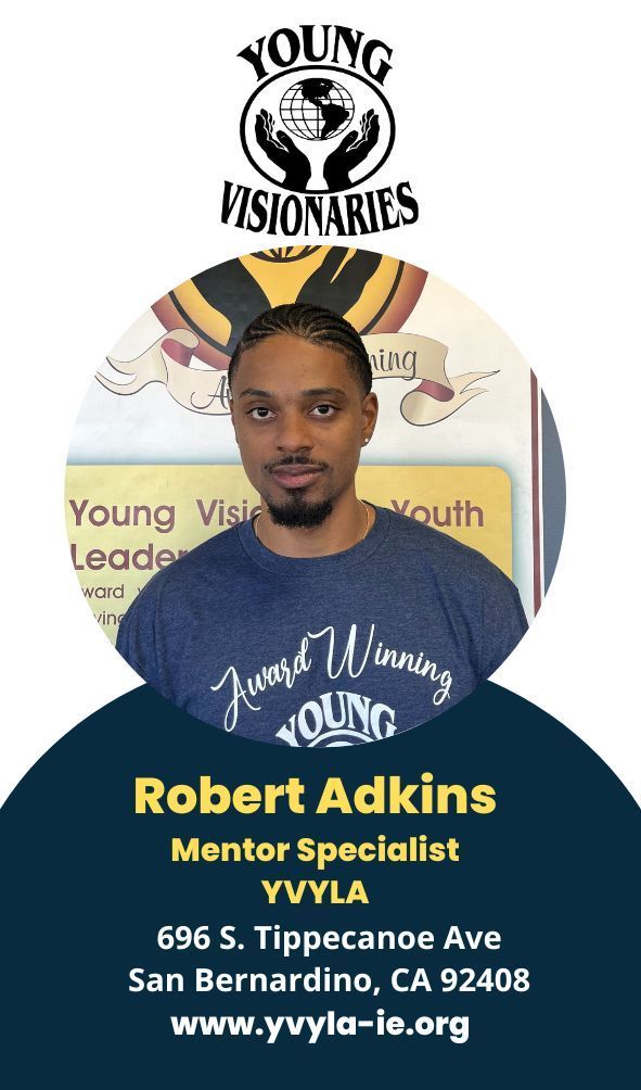 Robert Atkins poster with portrait, Young Visionaries logo, and contact details on a blue-and-white background