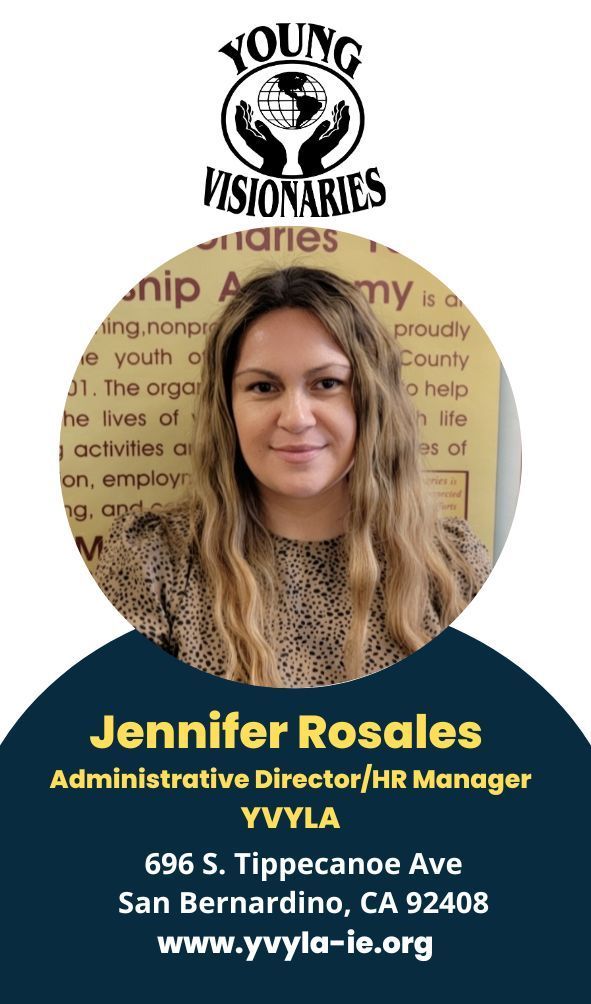 Portrait for Young Visionaries of Jennifer Rosales, Administrative Director/HR Manager, in a navy and gold circular layout.