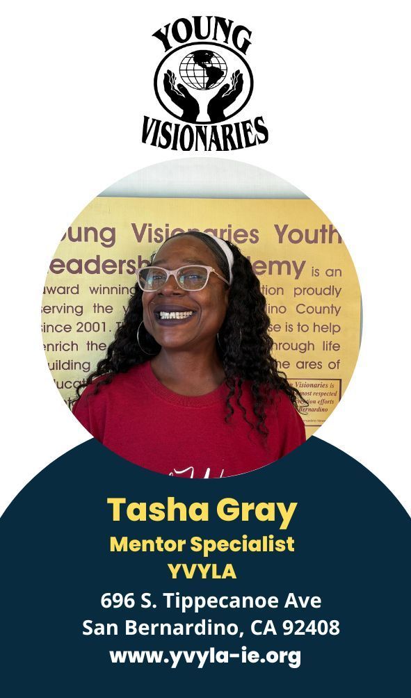 Portrait poster for Young Visionaries featuring Tasha Gray, Mentor Specialist, with contact info and logo