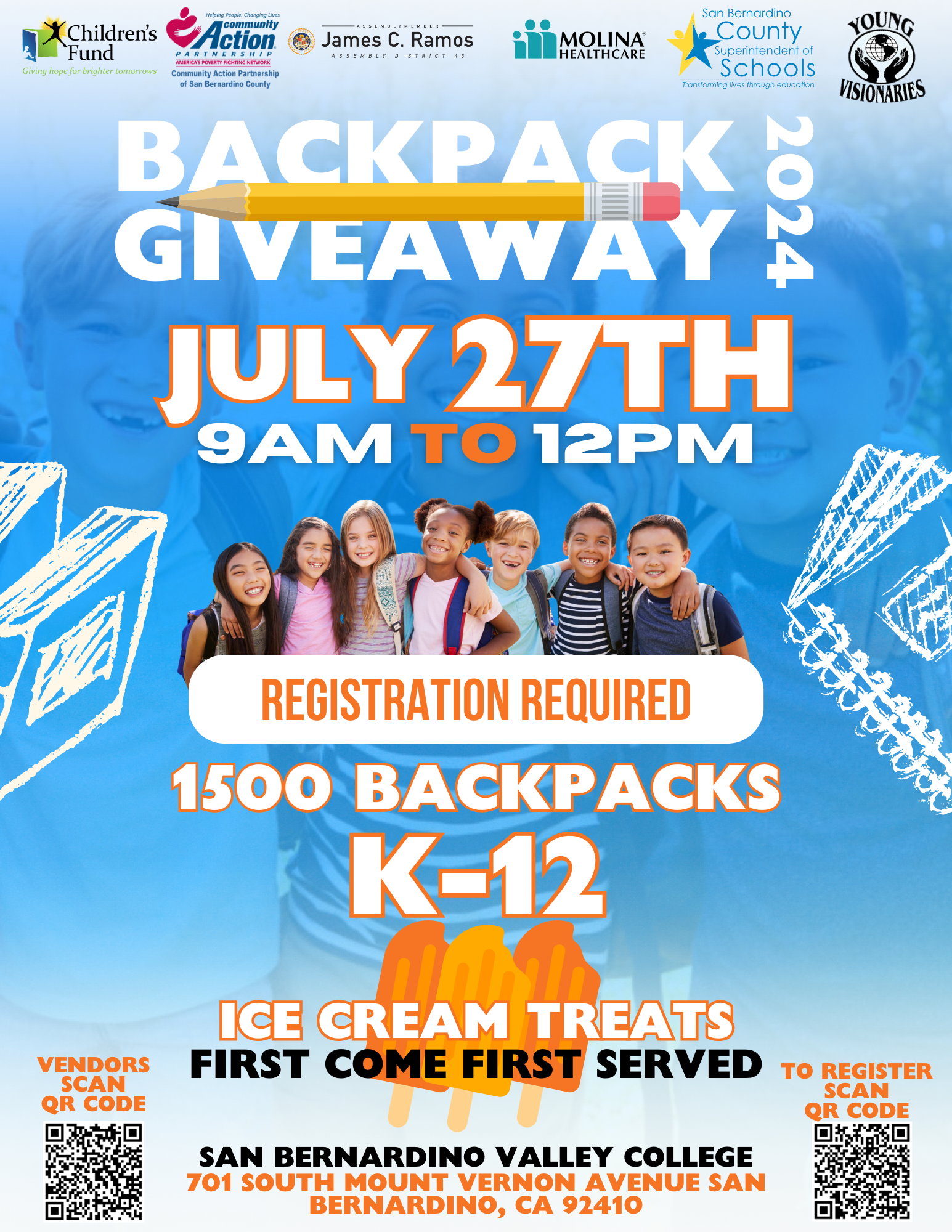 Blue flyer for a backpack giveaway on July 27, 9am-12pm, with free backpacks, food, and registration required.