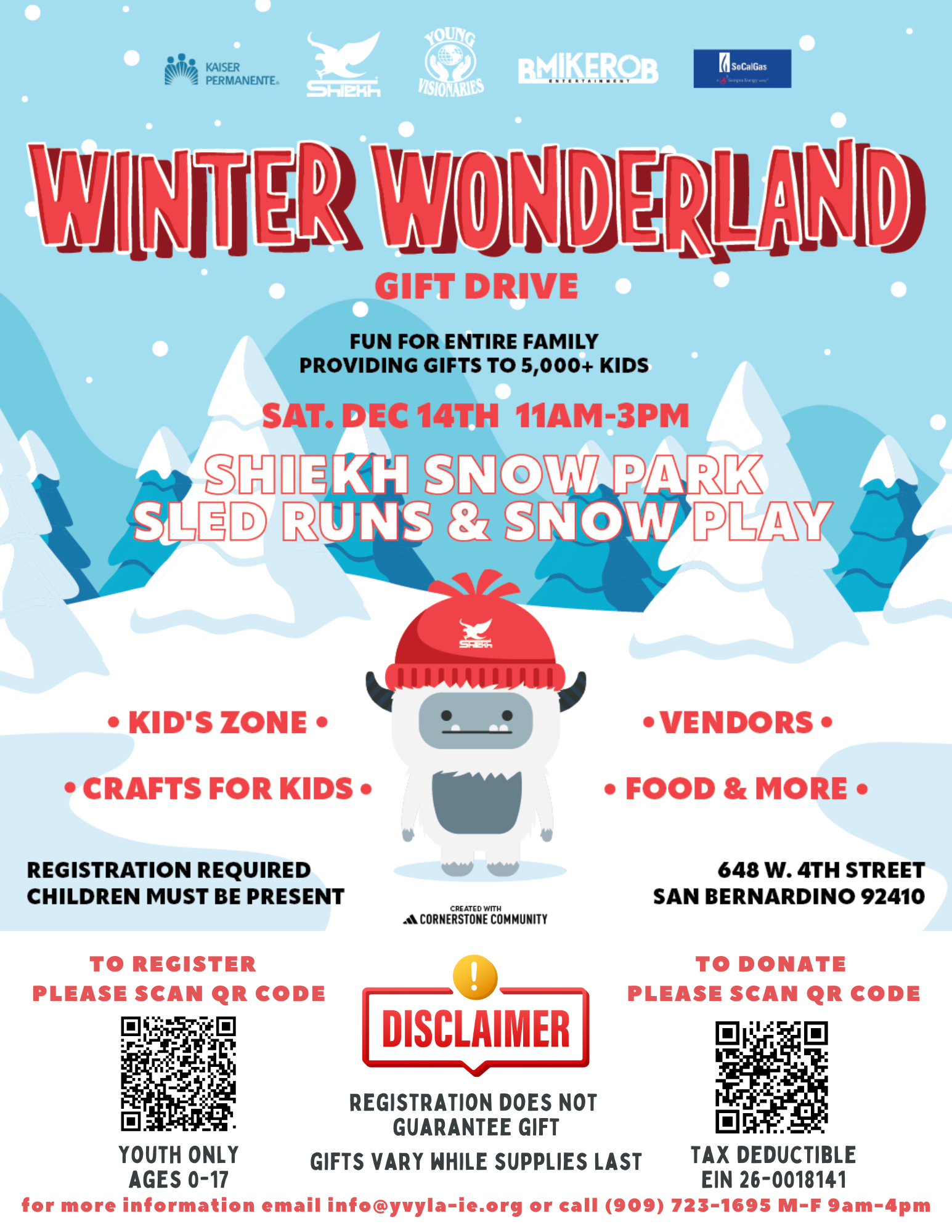 Winter Wonderland gift drive poster with dates, snowman mascot, kids zone, vendors, crafts, food, and disclaimer text