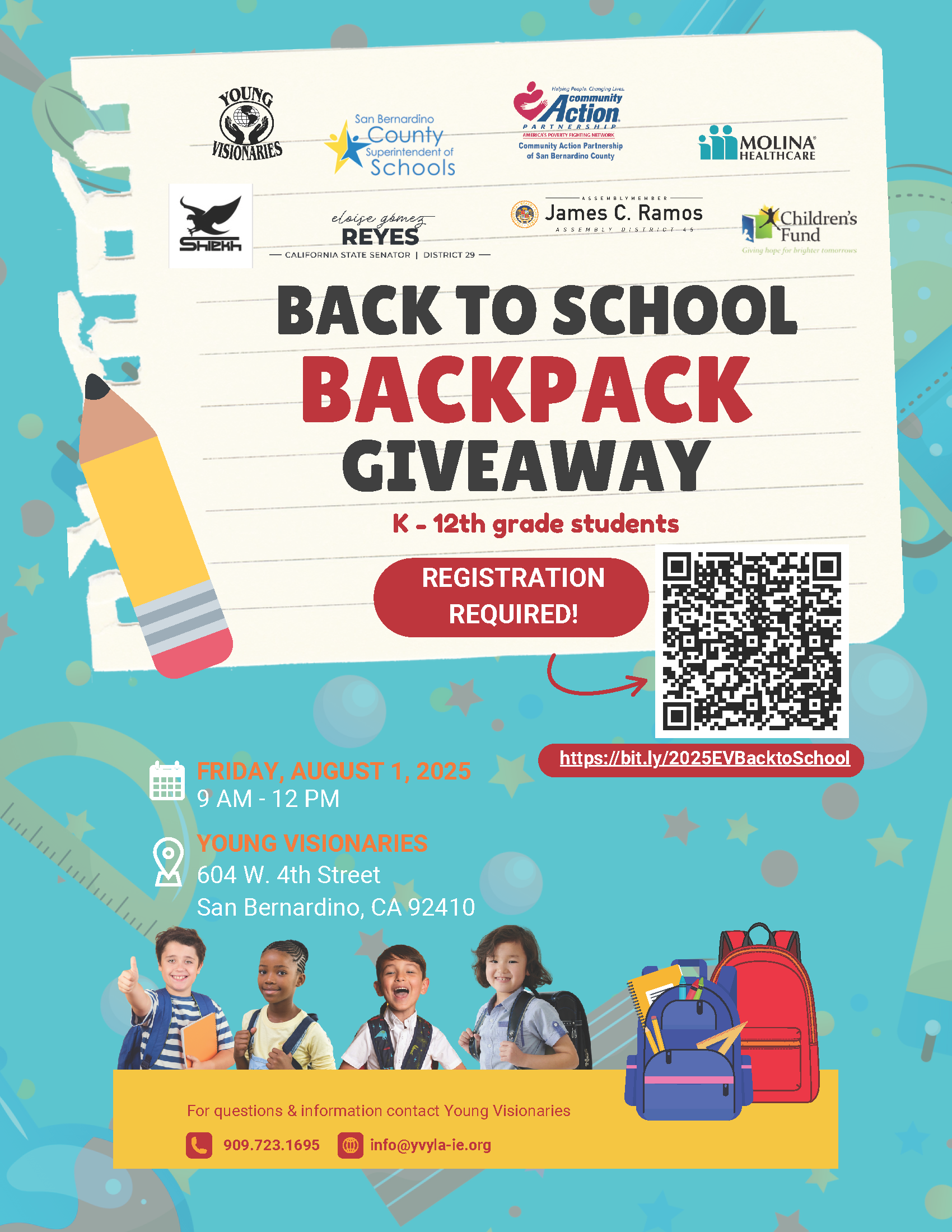 Back to school backpack giveaway poster with QR code, teal background, and cartoon school supplies