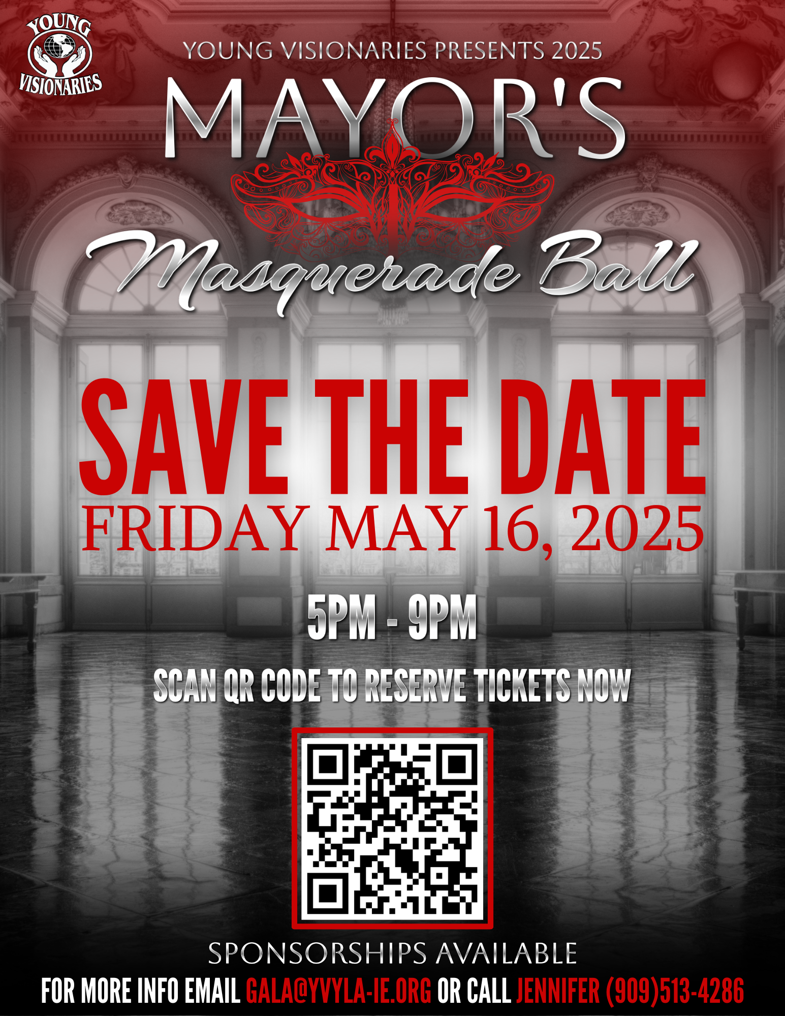 Mayor’s Masquerade Ball Save the Date poster, red and black with QR code and event details for Friday May 16, 2025