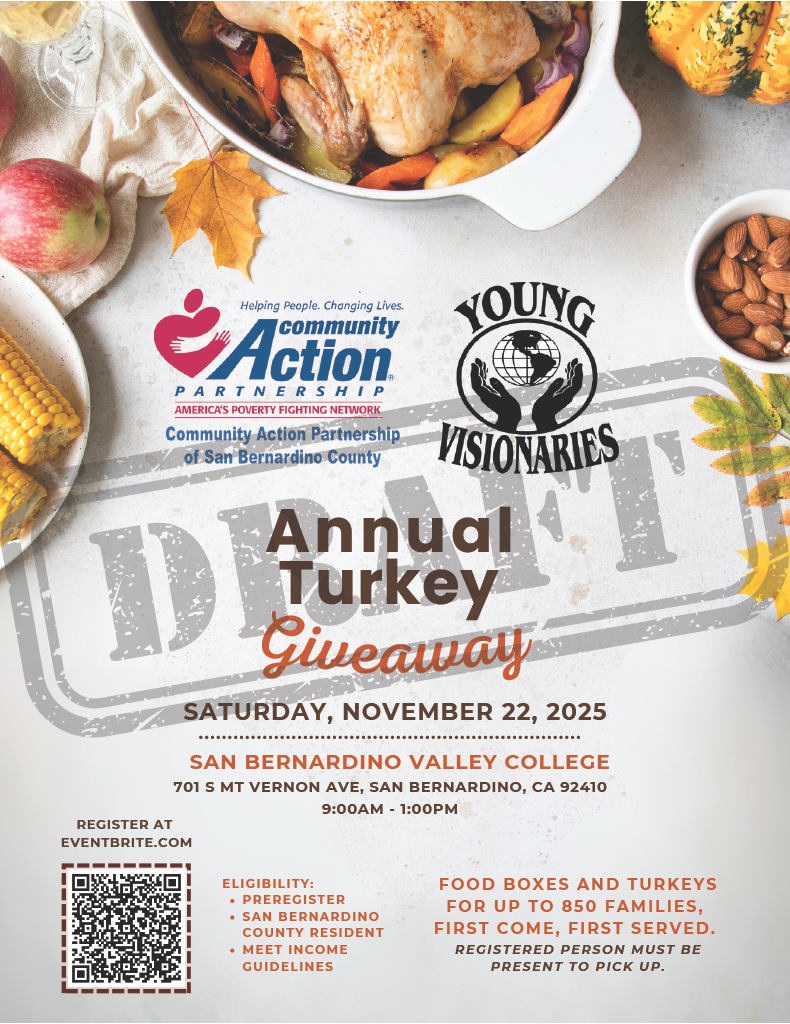 Annual Turkey Giveaway flyer with turkey dinner photos, Action Center logo, and event details on white background