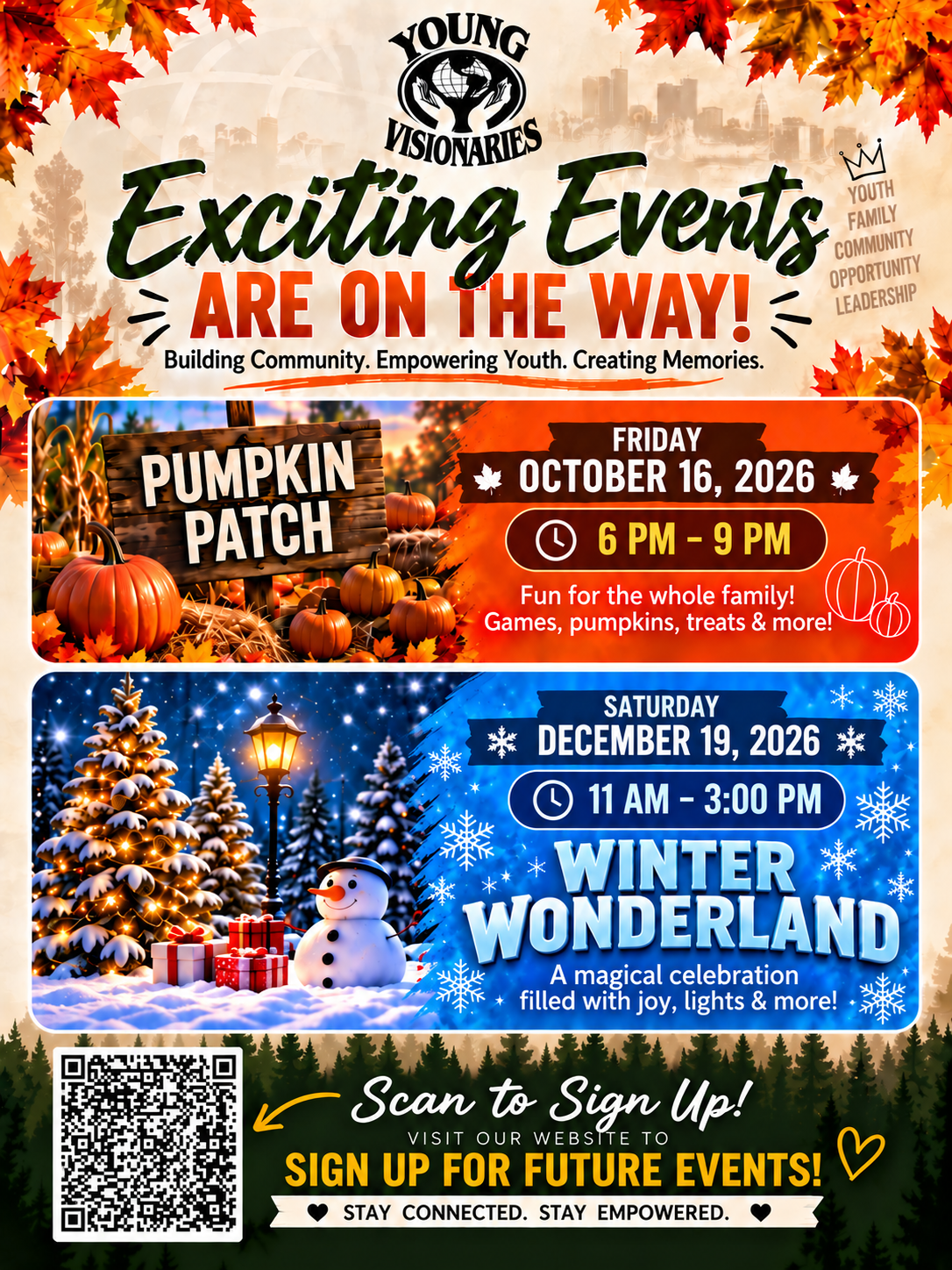 Event flyer for Young’s on the Way: pumpkin patch and winter wonderland with dates, times, and QR code