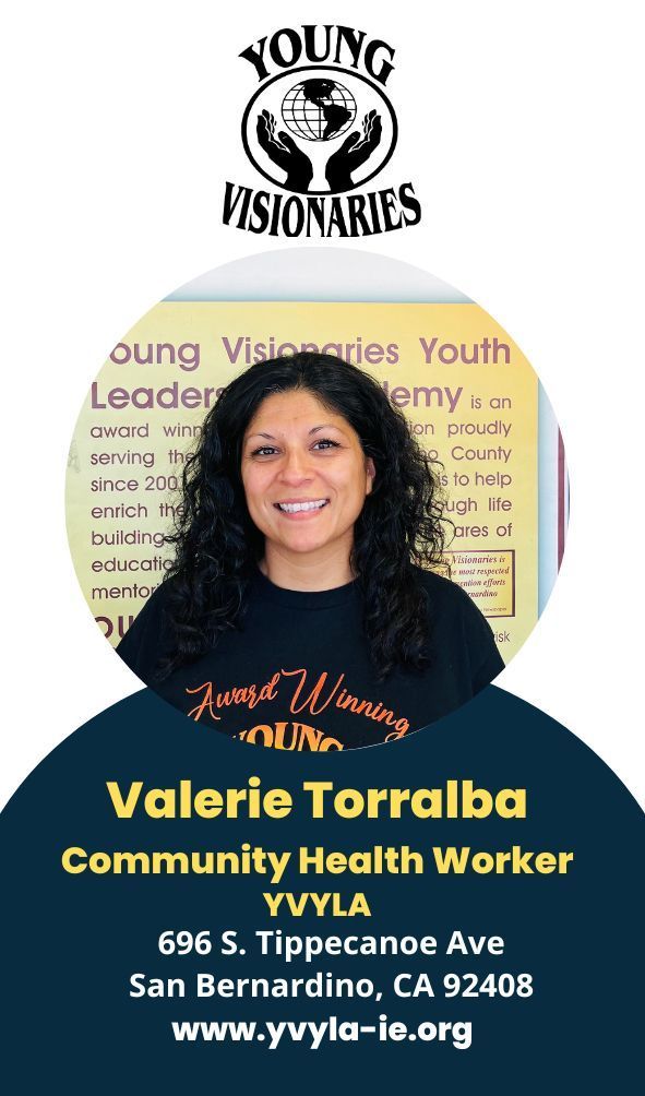 Valerie Torralba, Community Health Worker, smiling in front of Young Visionaries Youth Leadership Academy logo.