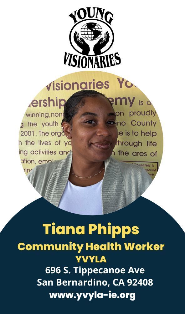 Portrait of Tiana Phipps, Community Health Worker, in a Young Visionaries flyer with contact details