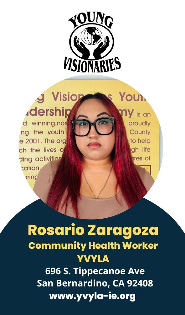 Young Visionaries poster featuring Rosario Zaragoza, Community Health Worker, with contact details and logo