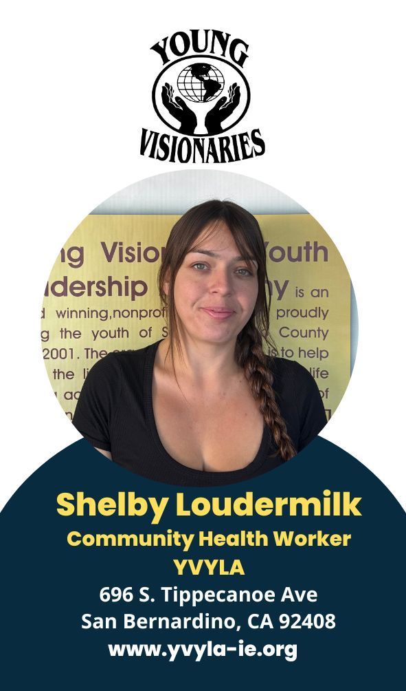 Portrait of Shelby Loudermilk with Young Visionaries logo, county health worker title, and contact details