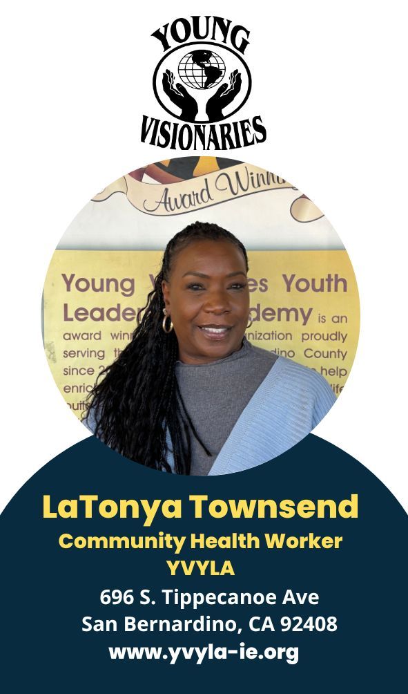 LaTonya Townsend headshot on Young Visionaries flyer with name, title, and San Bernardino address.