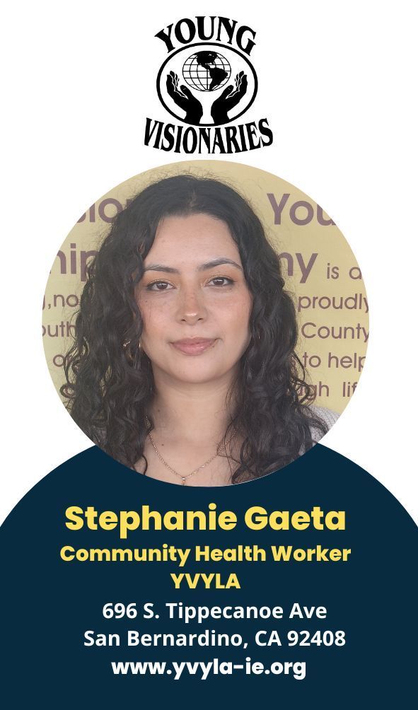 Portrait of Stephanie Gaeta, Community Health Worker at YWLA, with Young Visionaries logo and contact info
