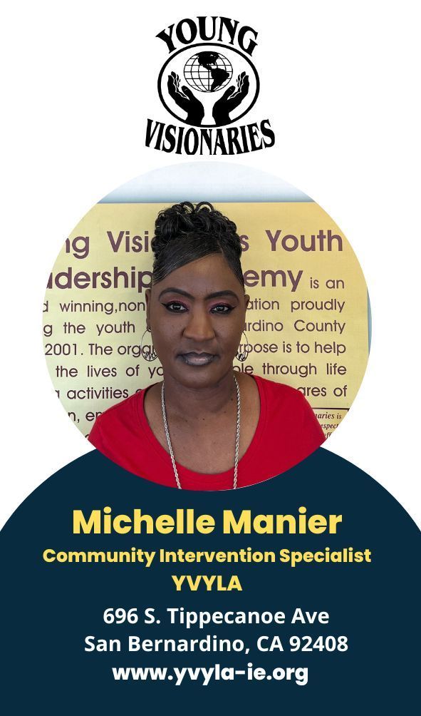 Portrait of Michelle Manier with Young Visionaries logo and contact details on a blue-and-gold flyer.