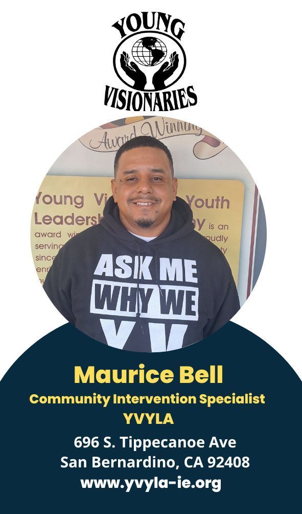 Headshot of Maurice Bell at Young Visionaries, with name, title, and San Bernardino contact details