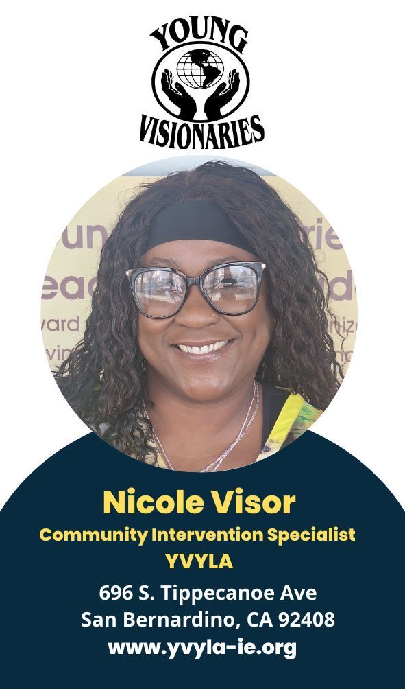 Portrait of Nicole Visor, Community Intervention Specialist, with contact details and Young Visionaries logo